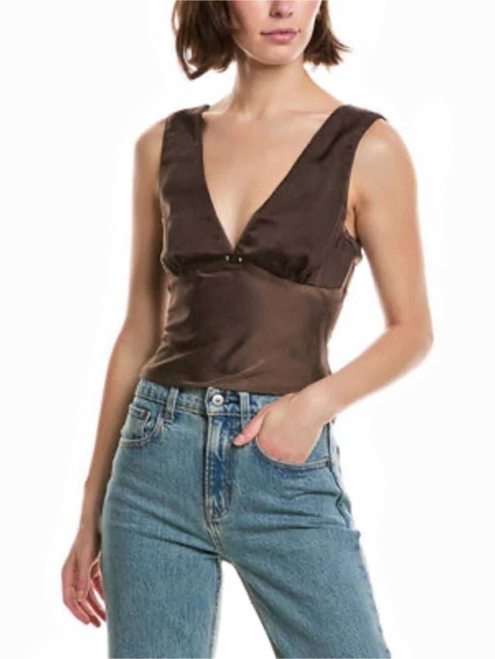 Satin V-Neck Top in Chocolate Brown size XS
